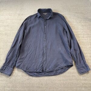 Ferrante Button Down Shirt Men 16.5 Blue Linen Slim Fit Coastal Classic Beachy